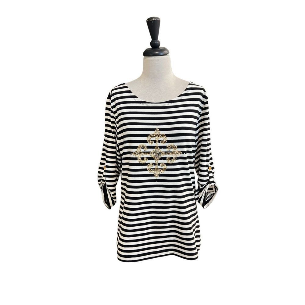 Christine Alexander Women's Striped Embellished Tab Sleeve Top Black White Large